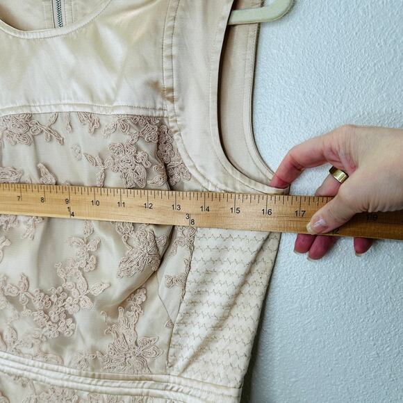 BCBGMAXAZRIA Tan Satin & Floral Lace Round Neck Mini Dress 6 - Picture 11 of 13